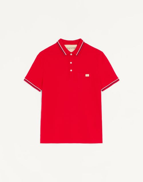 Valentino - Cotton Piqué Polo Shirt With Vlogo Patch - Red - Man - T-shirts And Sweatshirts